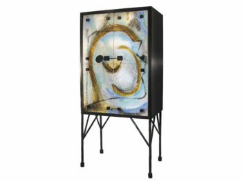 Elisabeth Garouste, artistic cabinet, structure in metal and black wrought iron, legs in black wrought iron, two ceramic doors with an original multicolored drawing by the artist