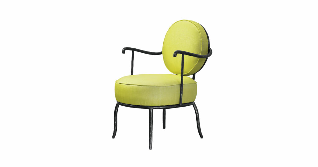 Elizabeth Garouste, small armchair with a round backrest, black wrought iron legs and armrests, seat and backrest in yellow fabric