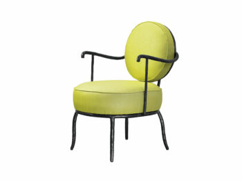 Elizabeth Garouste, small armchair with a round backrest, black wrought iron legs and armrests, seat and backrest in yellow fabric