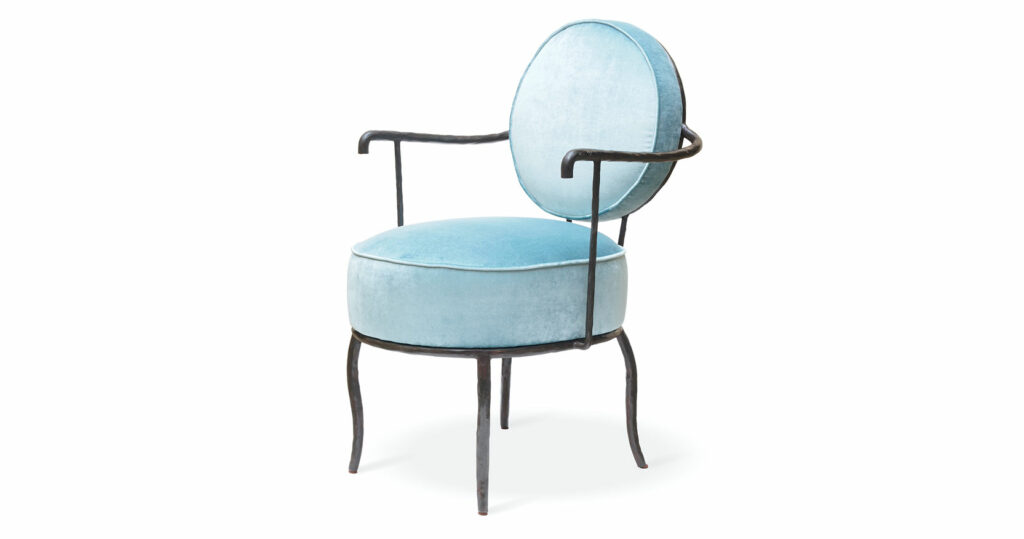 Elizabeth Garouste, sophisticated small armchair with a round backrest, black wrought iron legs and armrests, seat and backrest in blue velvet