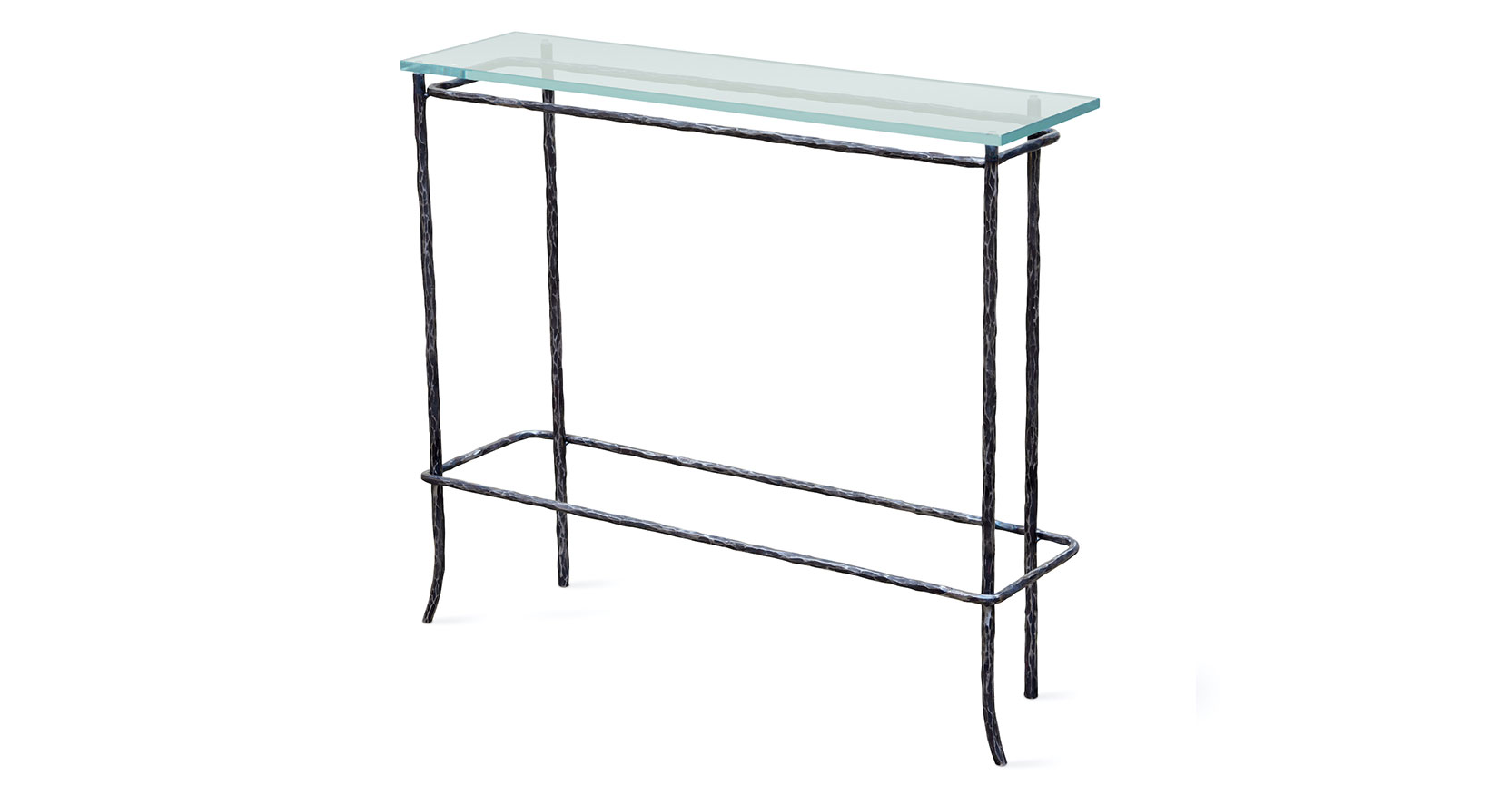 Eric Jourdan, minimalist rectangular console table in black wrought iron, 2 slightly curved front legs and 2 straight back legs, thick glass top