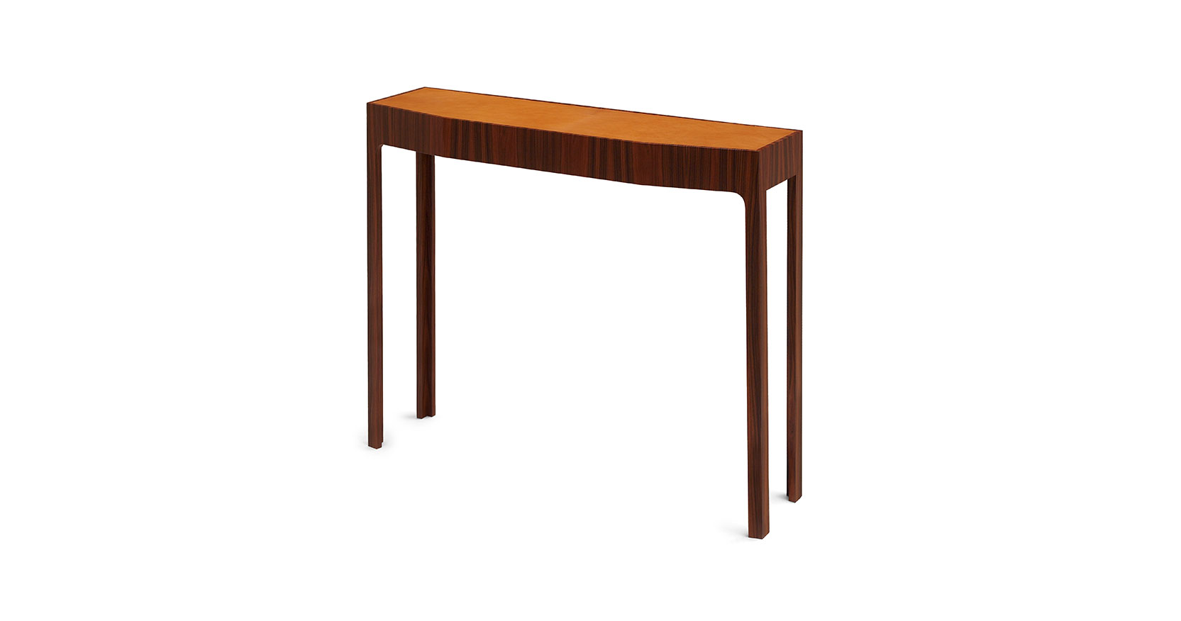 Eric Jourdan, minimalist console table, caramel leather top, strict caramel-colored wooden legs