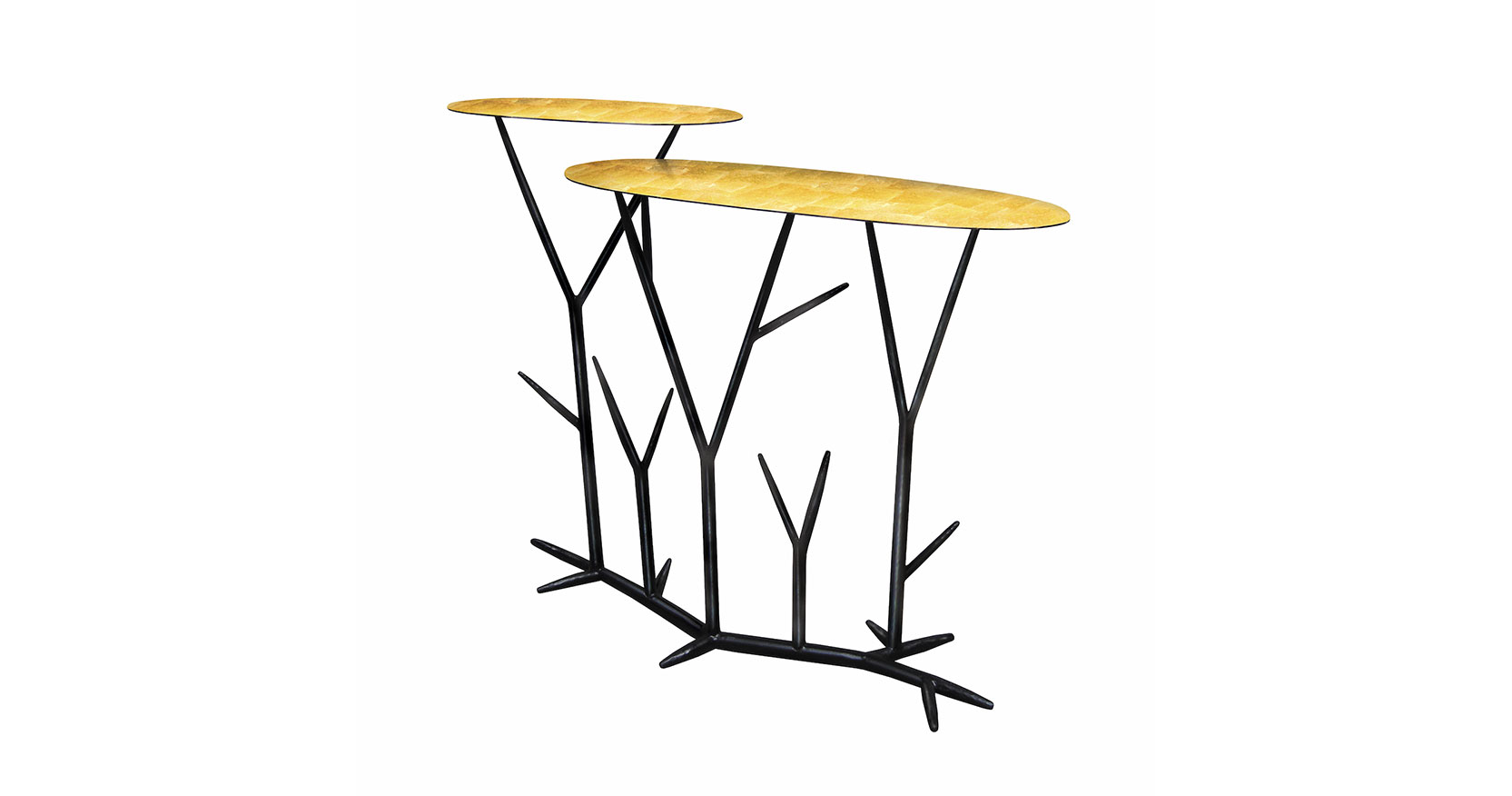 Eric Robin, scuptural and spectacular console table, 2 oval tops in metal gilded with gold leaf, foot and base with the shape of branches