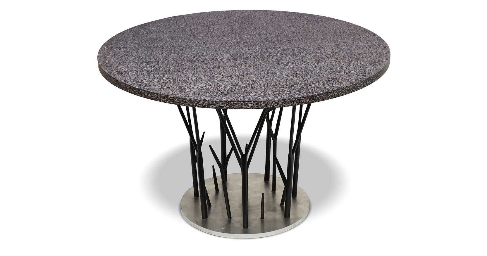 Eric Robin, spectacular table-sculpture, black wrought iron foot, in the shape of a bouquet of branches, base gilded with white gold, top in gray and silver Brazilian wood