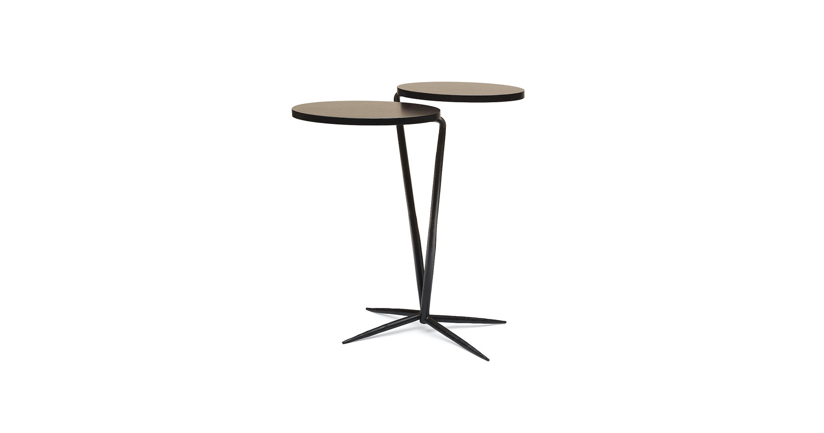 Eric Robin Twin stemmed pedestal table in sculpted iron with graphic feet supporting two oval wooden tops