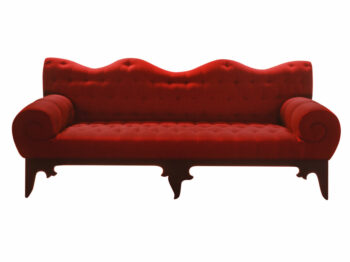 Garouste Bonetti, spectacular baroque sofa, gilded wooden legs with arabesque shapes, padded red velvet seat