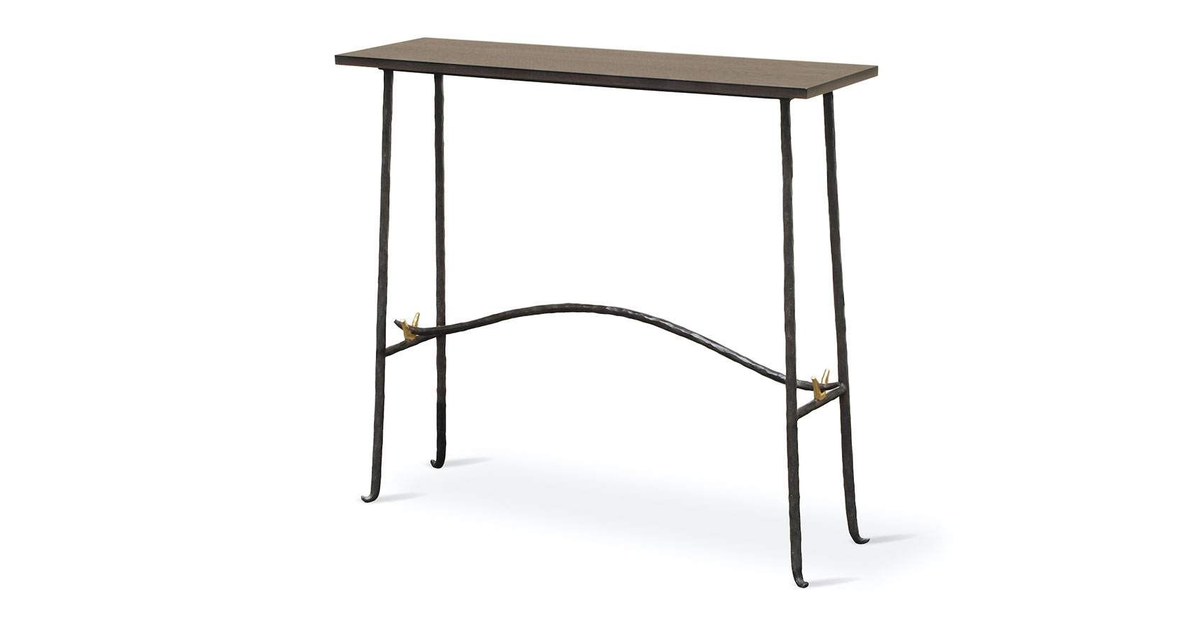 Garouste Bonetti, minimalist rectangular console table, dark wood top, black wrought iron legs slightly curved at the bottom, small gold V-shaped ornaments