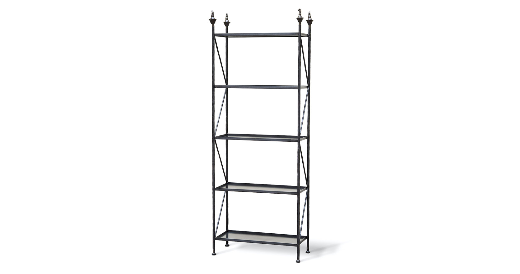 Garouste Bonetti, minimalist high shelves, with 5 dark brown metal shelves, surrounded by 4 black wrought iron rods that end at the top with bronze ornaments