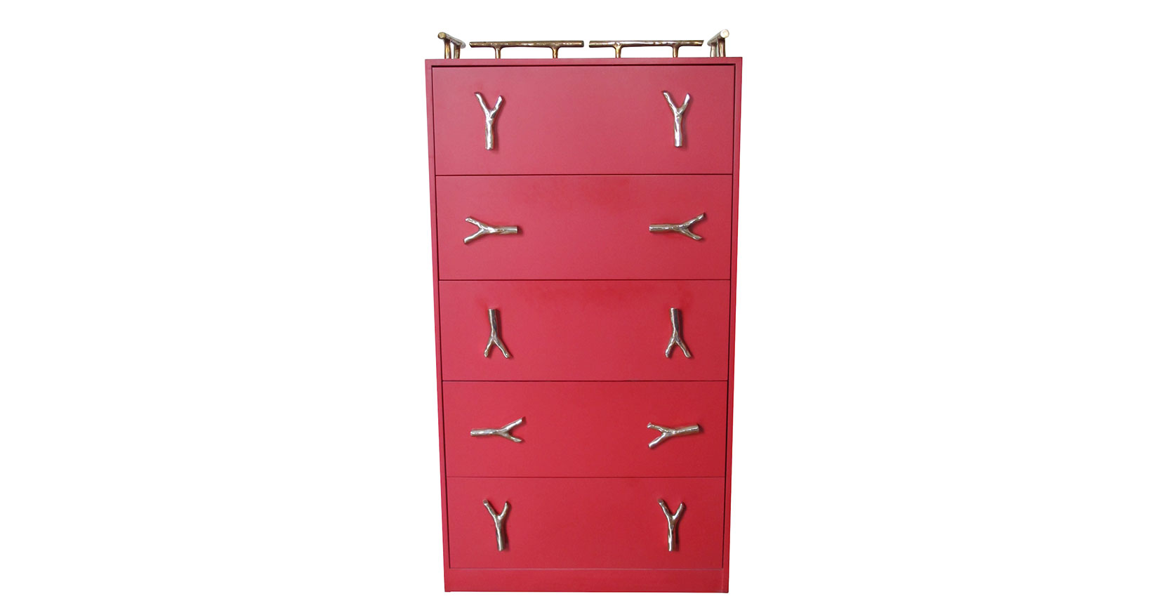 Garouste Bonetti, high rectangular red lacquered baroque storage unit, 5 drawers each with two gilt handles in the shape of forks, top surrounded by 4 rails in gilt bronze