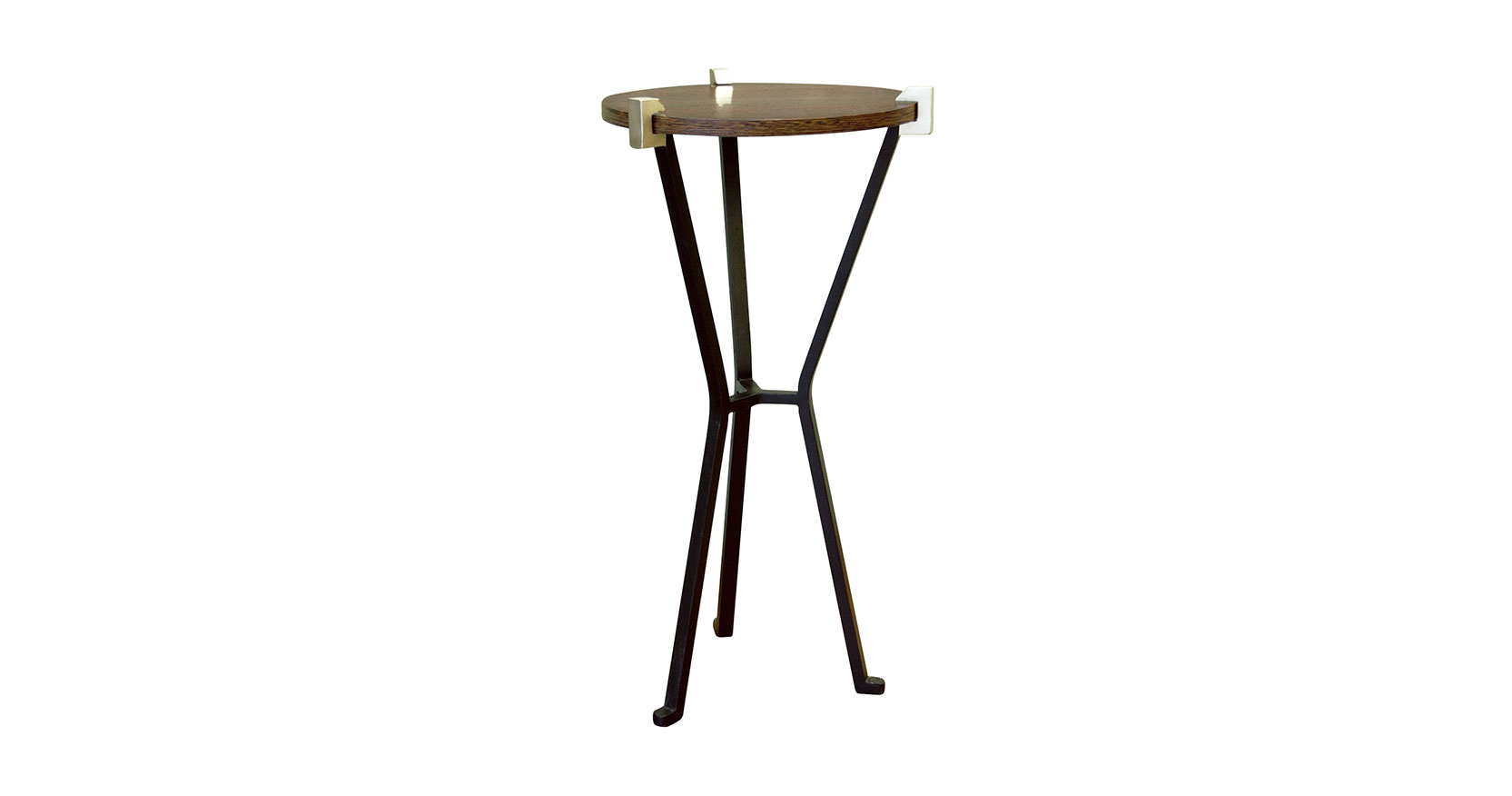 Garouste Bonetti, small round tripod side table with structure in rectangular section black wrought iron. The wooden top is held by stylised sculptural gilded hooks