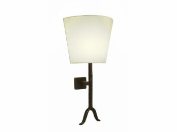 Garouste Bonetti, wall lamp with a white rounded screen, and a black wrought iron rod which divides at the bottom into an elegant fork