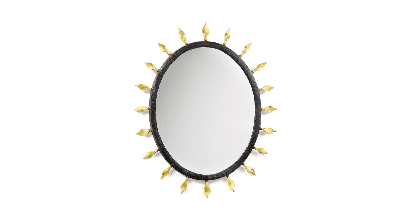 Garouste Bonetti, oval mirror, brown wrought iron frame surrounded by small golden wrought iron leaves