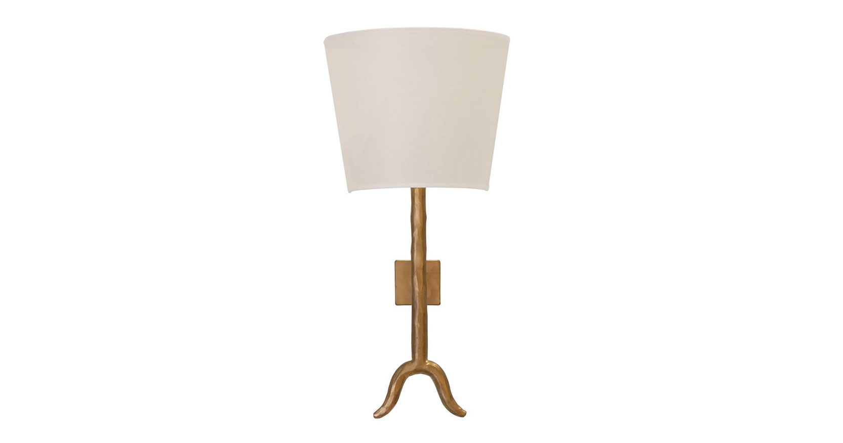 Garouste Bonetti, wall lamp with a white rounded screen, and a patinated gold wrought iron rod which divides at the bottom into an elegant fork