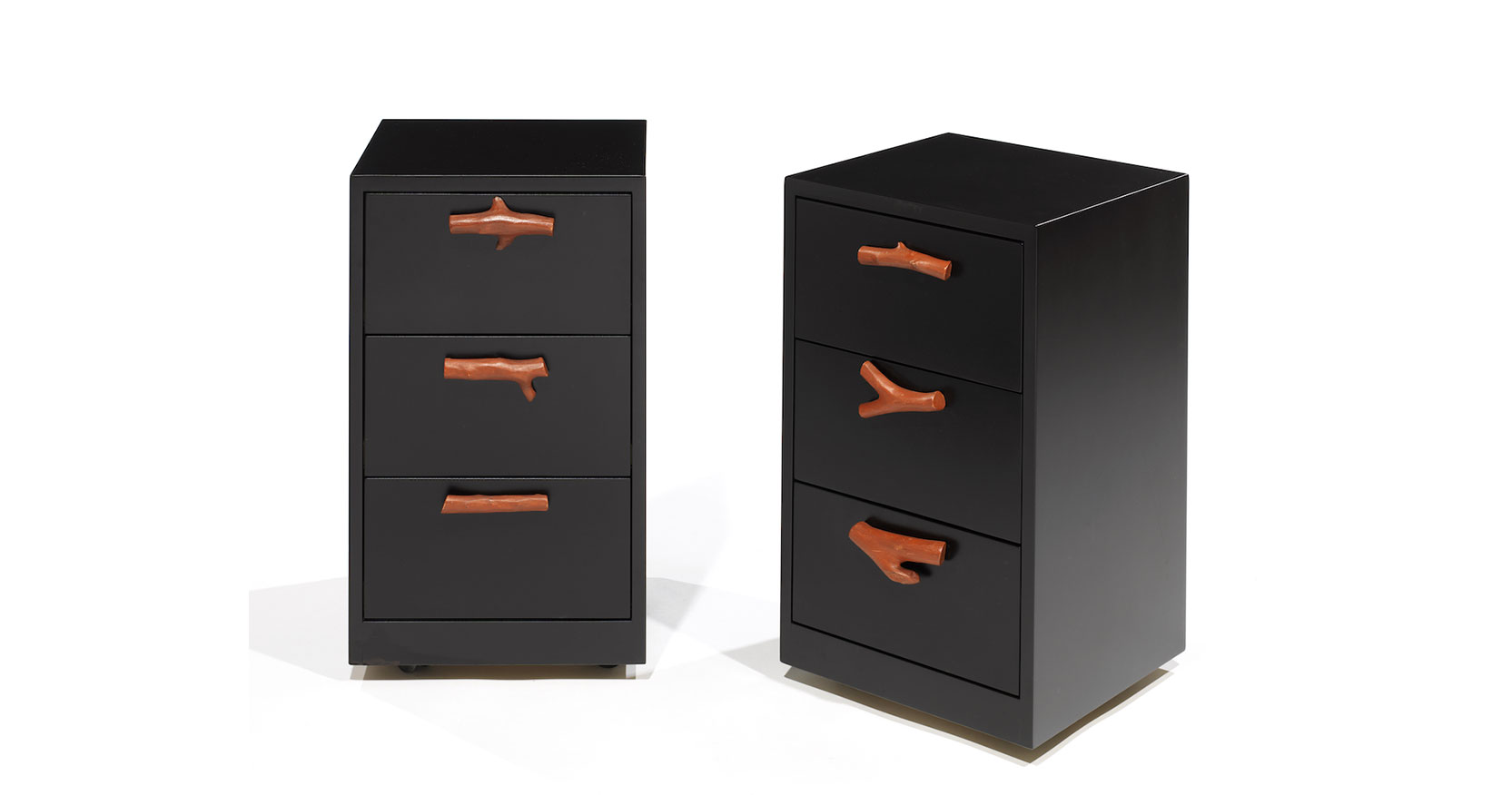 Garouste Bonetti, pair of black cabinets with 3 drawers with orange coral-shaped handles