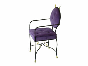 Garouste Bonetti, small baroque armchair in black wrought iron, small golden leaves at the top of the round backrest and under the seat, backrest and seat in purple padded velvet