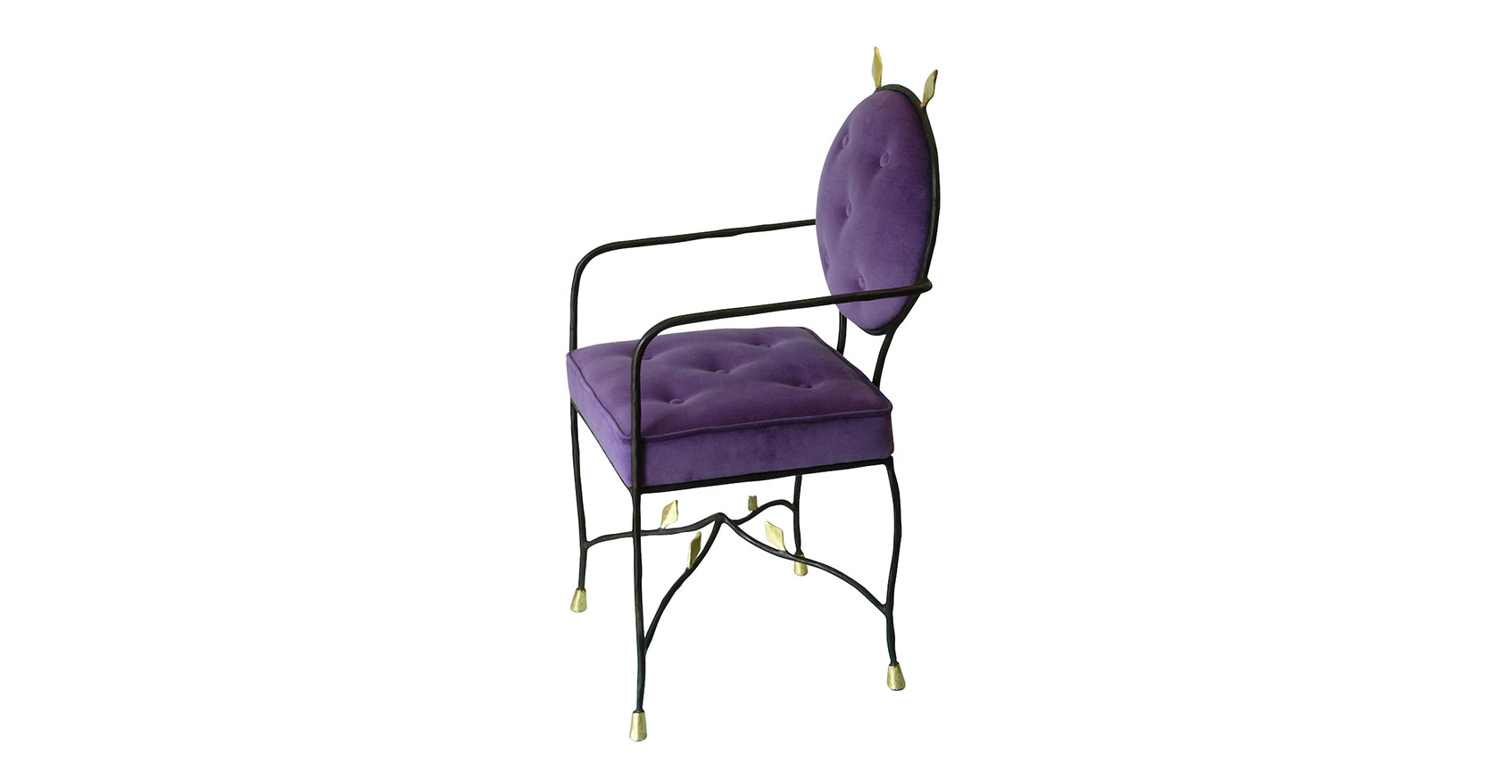 Garouste Bonetti, small baroque armchair in black wrought iron, small golden leaves at the top of the round backrest and under the seat, backrest and seat in purple padded velvet