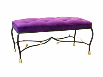 Garouste Bonetti, baroque bench in black wrought iron, with small leaves in gilded metal under the seat upholstered in buttoned purple velvet