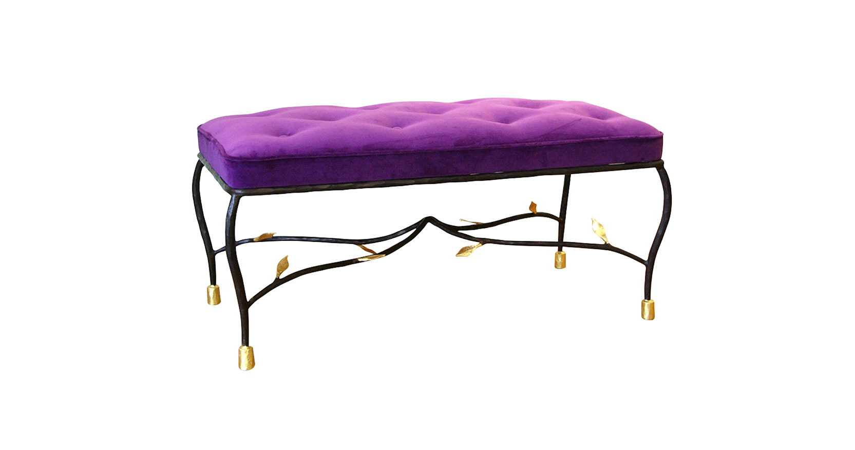 Garouste Bonetti, baroque bench in black wrought iron, with small leaves in gilded metal under the seat upholstered in buttoned purple velvet
