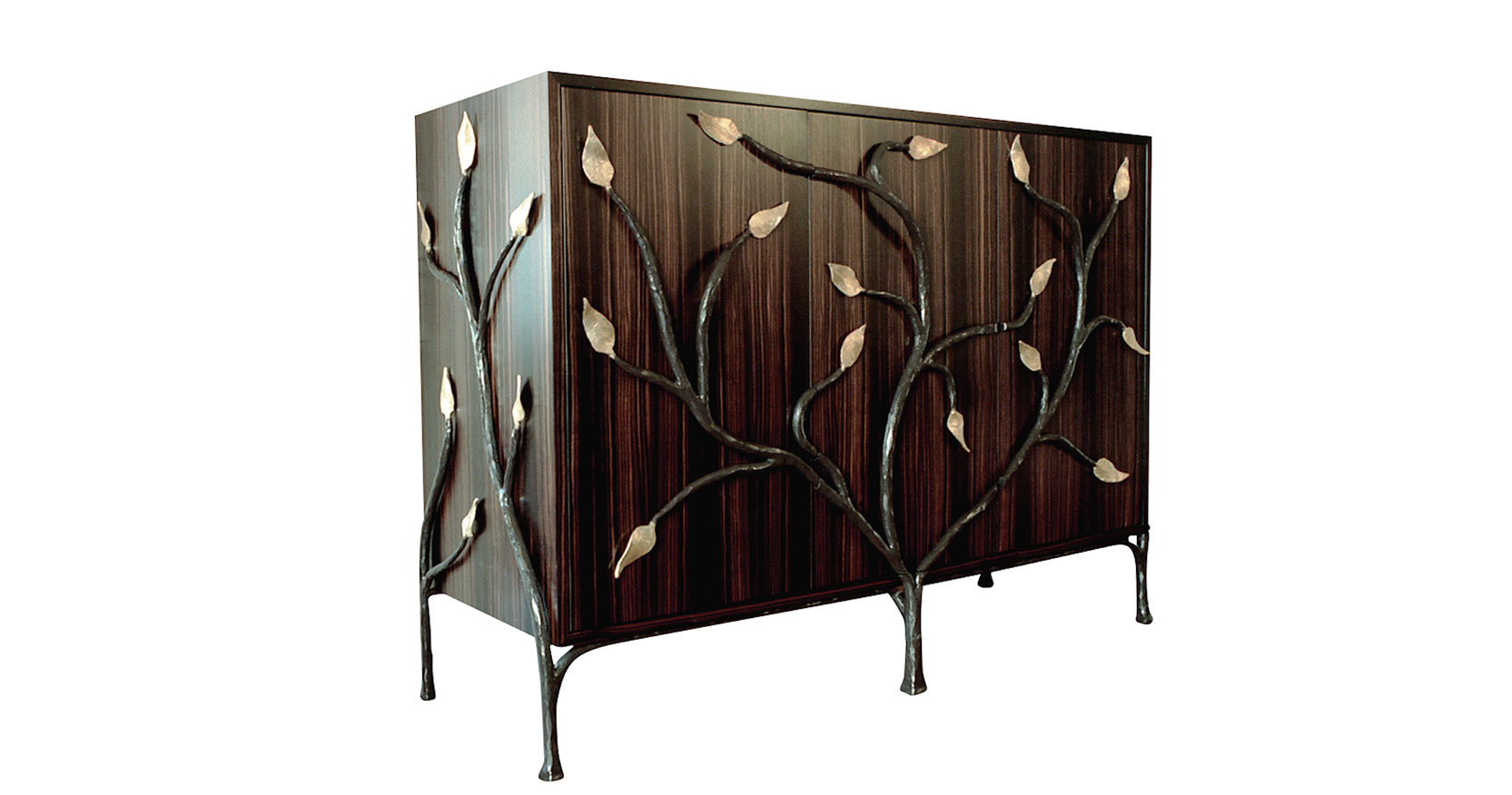 Garouste Bonetti, spectacular ebony sideboard surrounded by black wrought iron branches with gold leaves