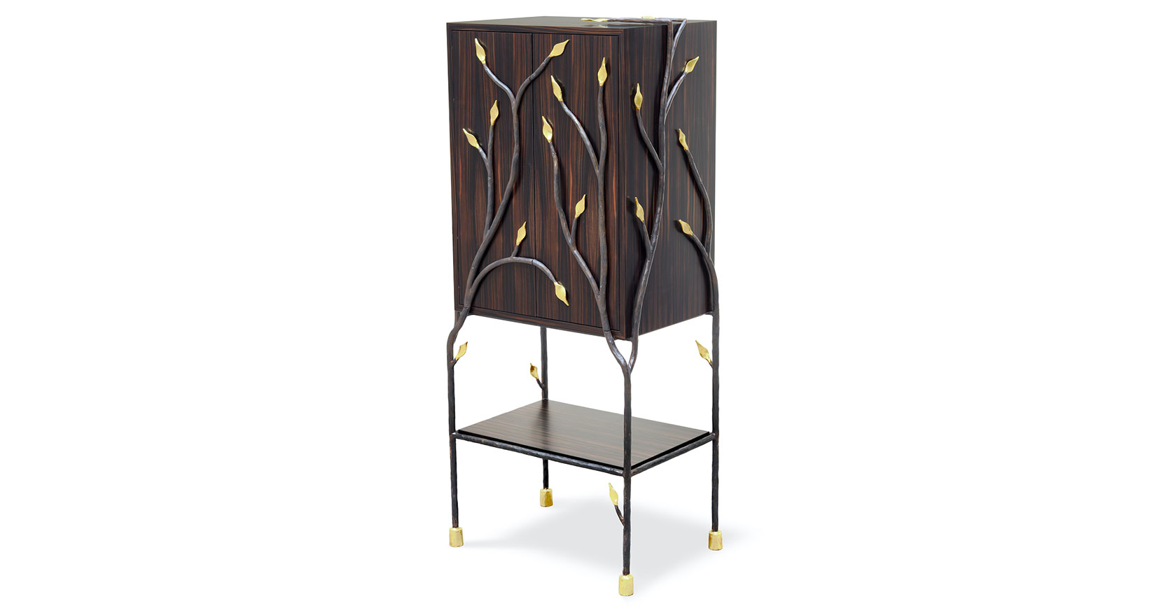 Garouste Bonetti, precious cabinet on black wrought iron feet, two dark wood doors surrounded by black wrought iron branches with gold leaves