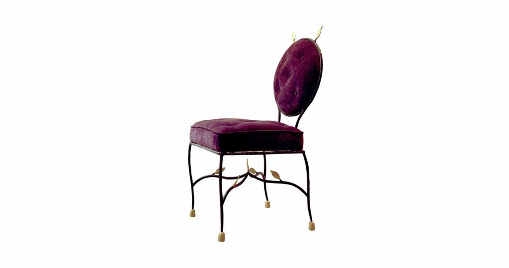 Garouste Bonetti, sophisticated baroque chair in black wrought iron, with small gold metal leaves at the top of the round backrest and under the seat, seat and backrest in purple velvet