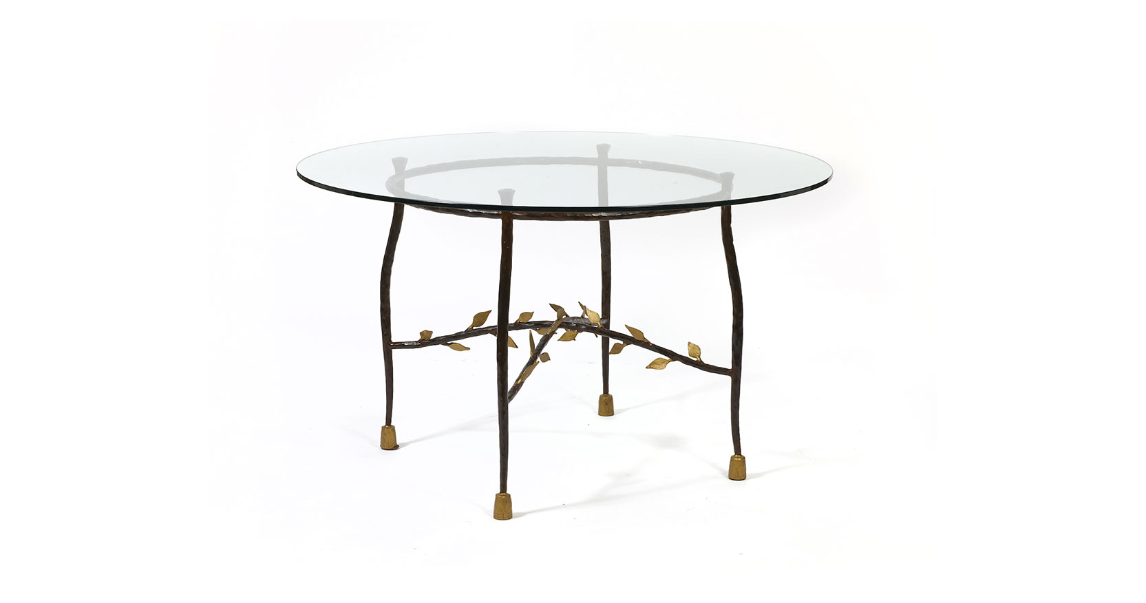 Garouste Bonetti, baroque round dining table, curved black wrought iron legs and small gold feet, punctuated with small gold wrought iron leaves, glass top
