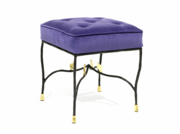 Garouste Bonetti, baroque stool in black wrought iron, with small gold metal leaves under the upholstered and buttoned purple velvet seat