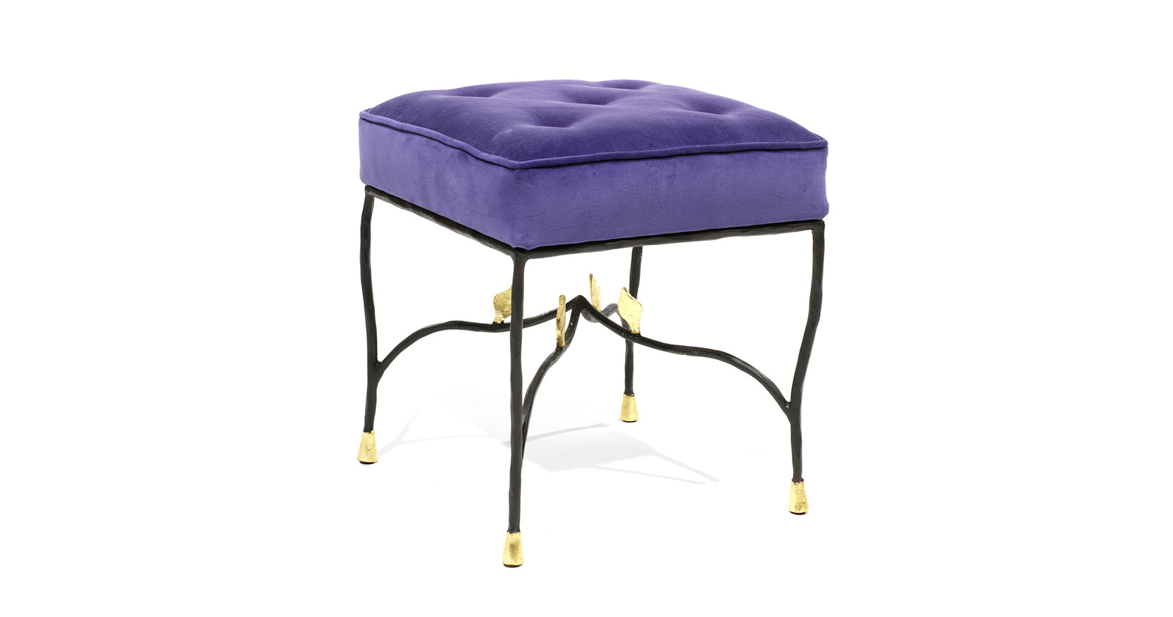 Garouste Bonetti, baroque stool in black wrought iron, with small gold metal leaves under the upholstered and buttoned purple velvet seat