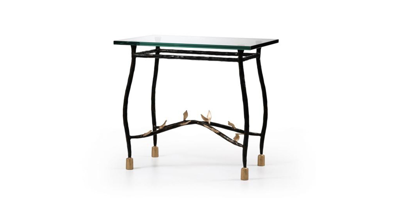 Garouste Bonetti, rectangular small table in baroque style, curved wrought iron legs decorated with small leaves, glass top