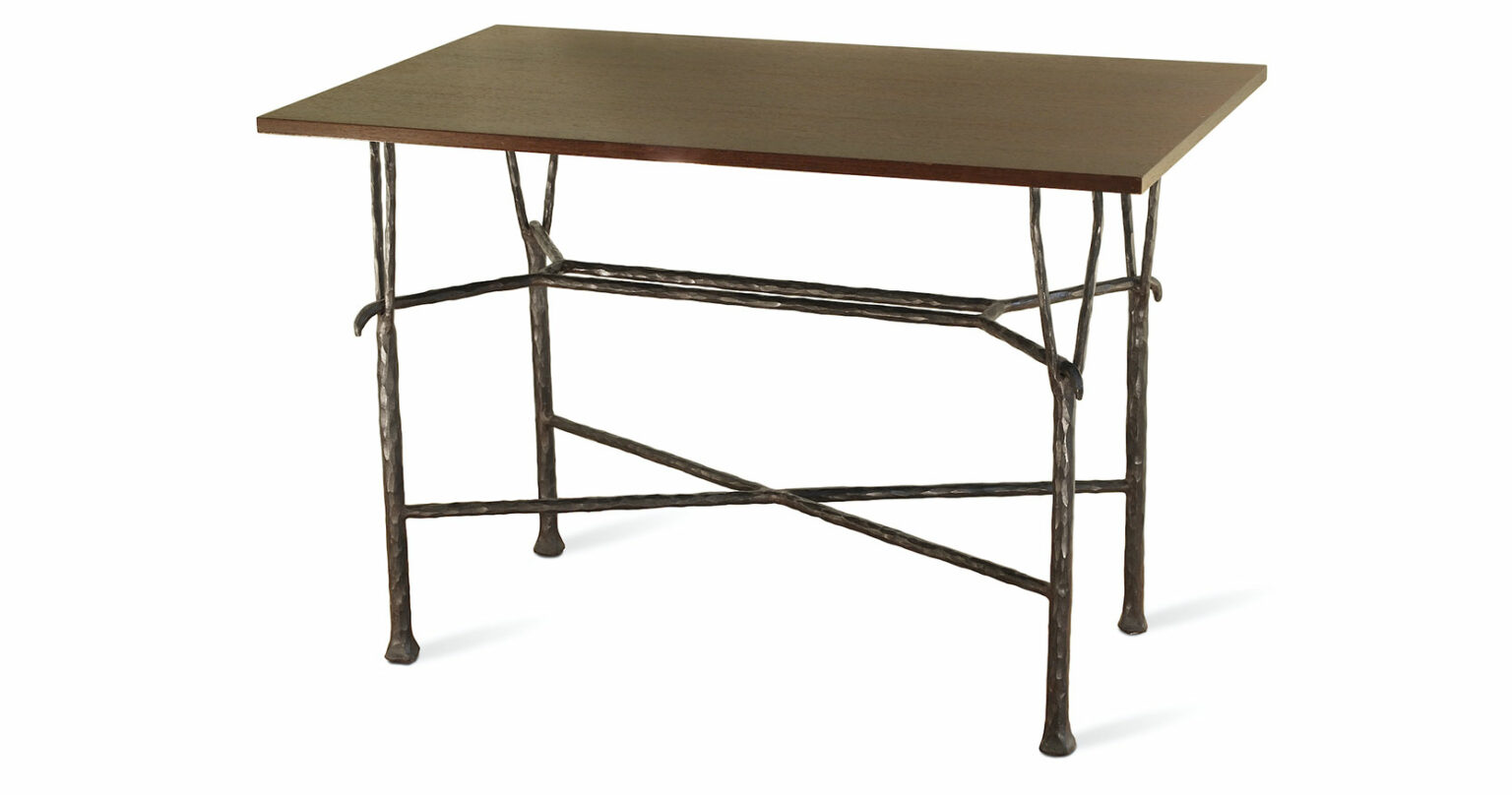 Garouste Bonetti, rectangular minimalist high table, dark wood top, black wrought iron legs that divide into two forks fixed under the top