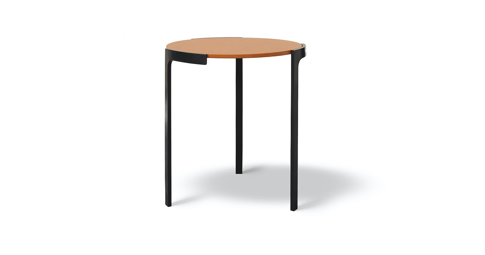 Eric Jourdan, round minimalist side table, with a brown leather top and 3 black bronze legs