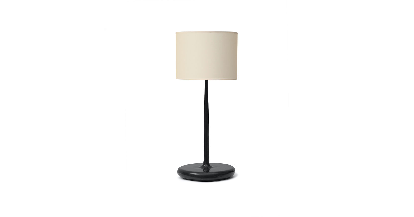 Eric Jourdan, minimalist desk lamp, with a circular base and a centrale stem in black bronze, round white shade