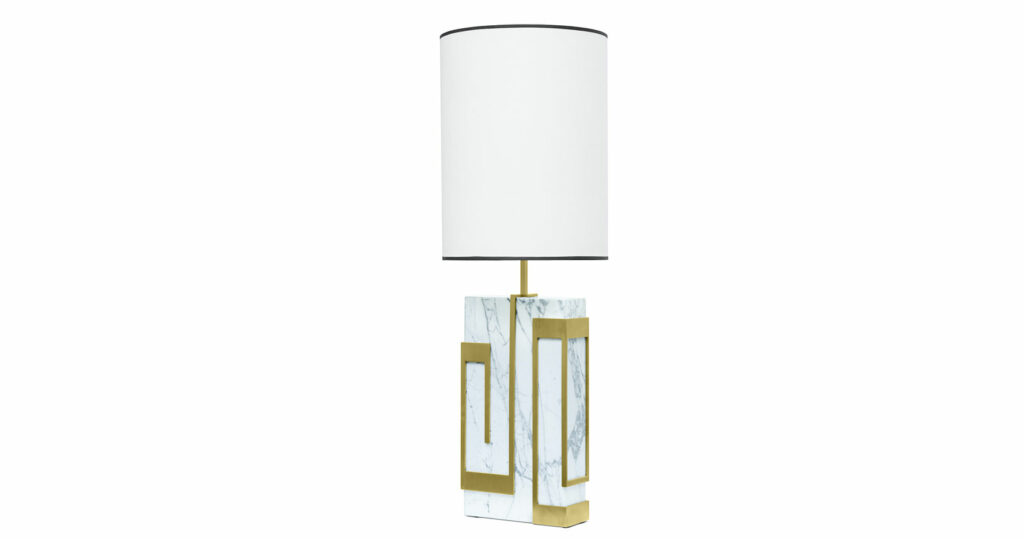Anaktae, minimalist large lamp with marble base inlaid with a motif in brass. Cylindrical white shade with black trim, top and bottom.
