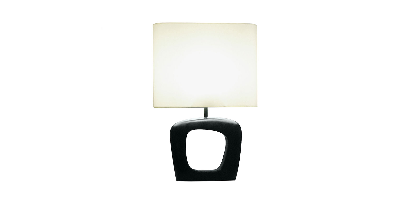 Christian Ghion, minimalist lamp in the 50's style, base in black bronze with a hole in the center, oval white shade