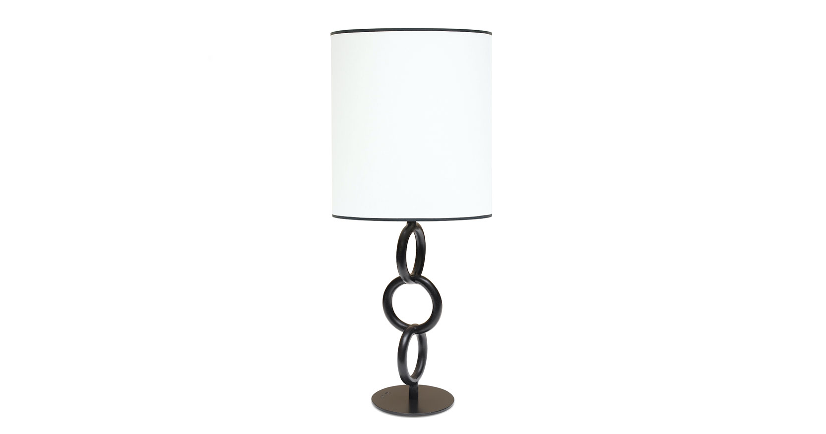 Christian Ghion, lamp in black wrought iron, 3 rings on a circular base, cylindric white lamp shade with a black trim top and bottom