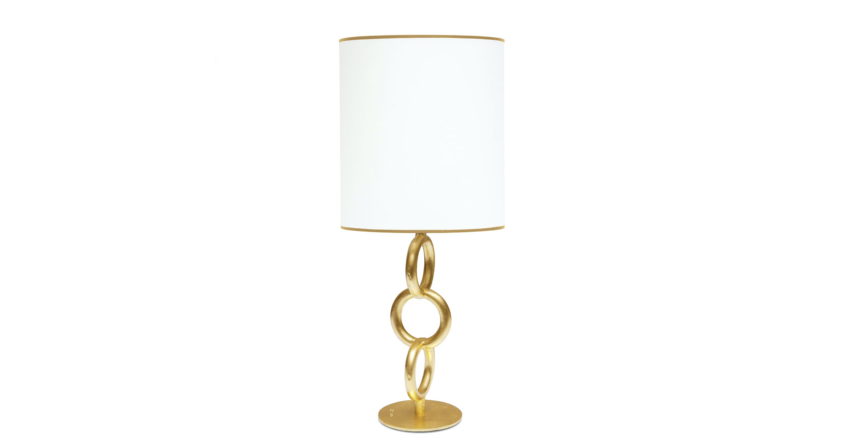 Christian Ghion, lamp in gold wrought iron, 3 rings on a circular base, cylindric white lamp shade with a gold trim top and bottom