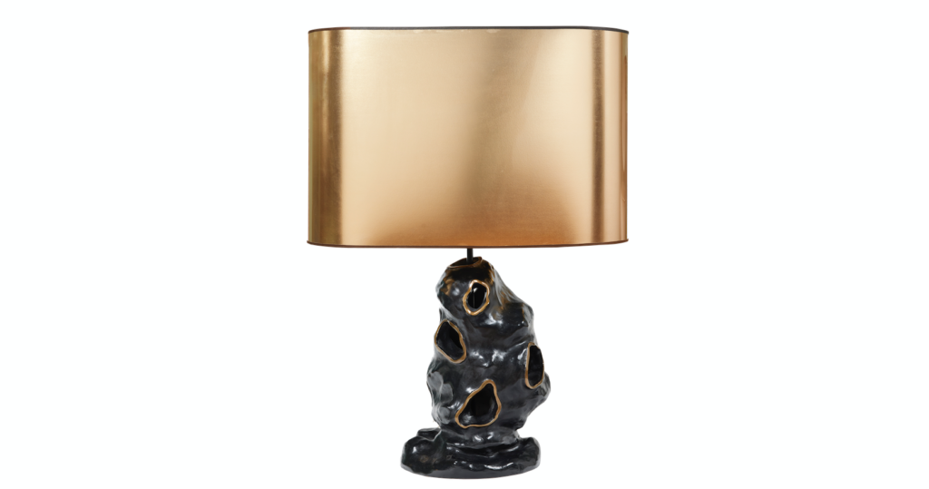 Elizabeth Garouste, a big lamp with a base in black and golden bronze in the shape of a meteorite, oval and gold lampshade