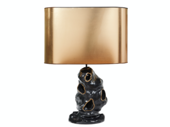 Elizabeth Garouste, a big lamp with a base in black and golden bronze in the shape of a meteorite, oval and gold lampshade