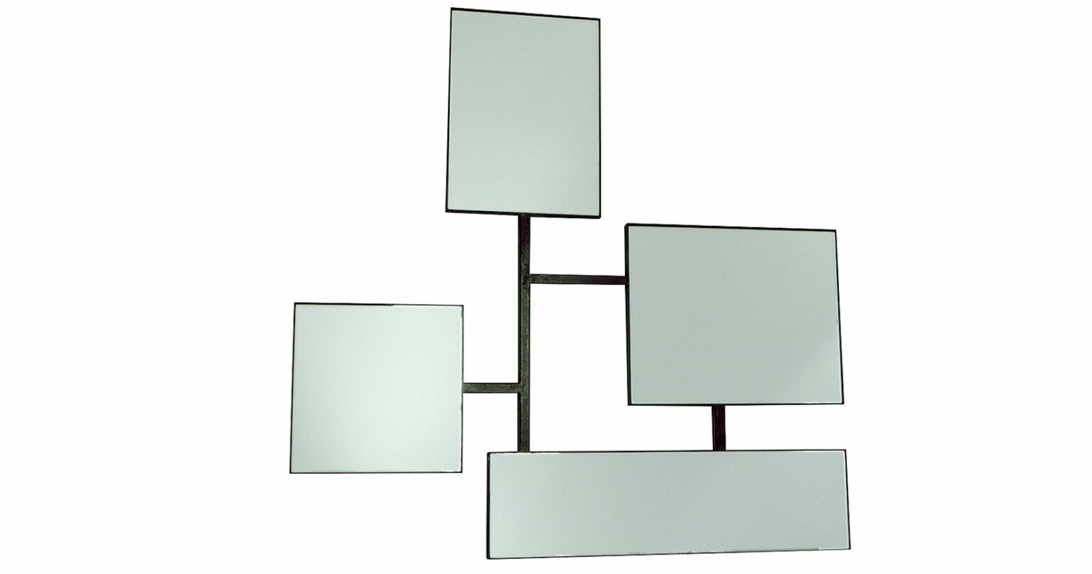 Elizabeth Garouste, minimalist brown wrought iron mirror constisting of 4 separate mirrors with rectangular and square frames, surrounded by wrought iron frames all connected by brown wrought iron stems