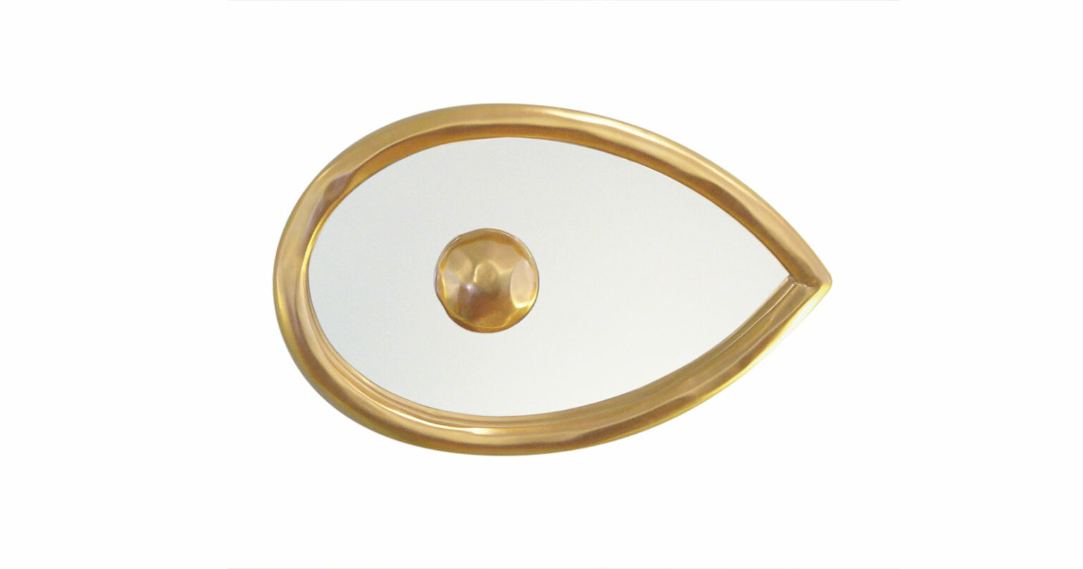 Elizabeth Garouste, surrealist golden mirror encased in a sculpted wood en frame in the shape of an eye with a pupil in the middle