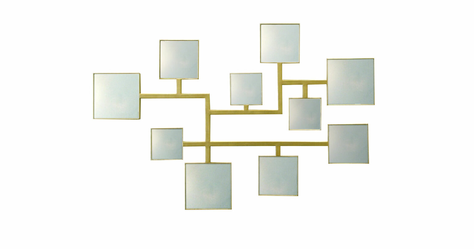 Elizabeth Garouste, minimalist mirror constisting of 10 square mirrors surrounded by gold wrought iron, all connected by gold wrought iron