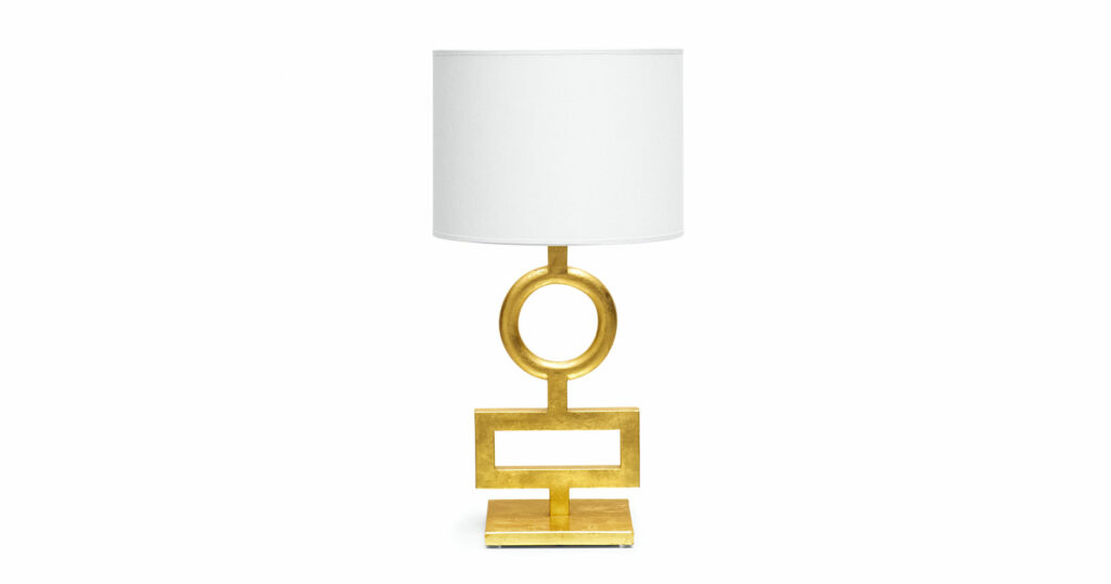 Elizabeth Garouste, gold lamp, recatngular base surmountred by a rectangle, then a circle, in golden wrought iron, round white shade