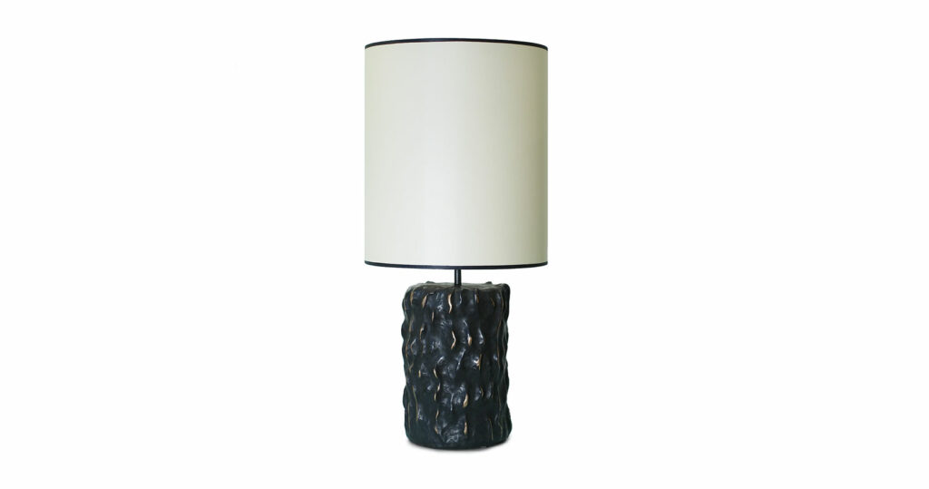Elizabeth Garouste, lamp with a base shaped like a tree trunk, in black and gold bronze, a cylindric white lamp shade with a black trim top and bottom
