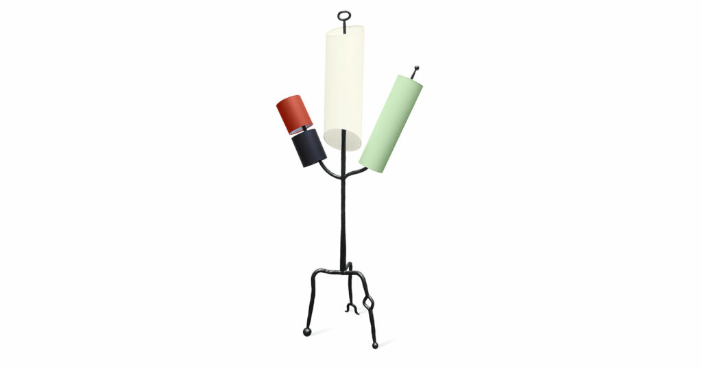 Elizabeth Garouste, spectacular floor lamp, in black wrought iron, with a central stem, which starts from 3 sculpted wrought iron feet, is divided into 3 branches with lampshades of different shapes and colors: black, blue, pink, pale green