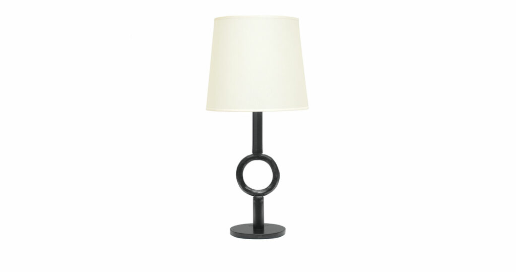 Elizabeth Garouste, minimalist lamp produced by a master craftsman in a limited edition, with a circular base from which starts a black thick stick in wrought iron with a round in the middle, white lampshade