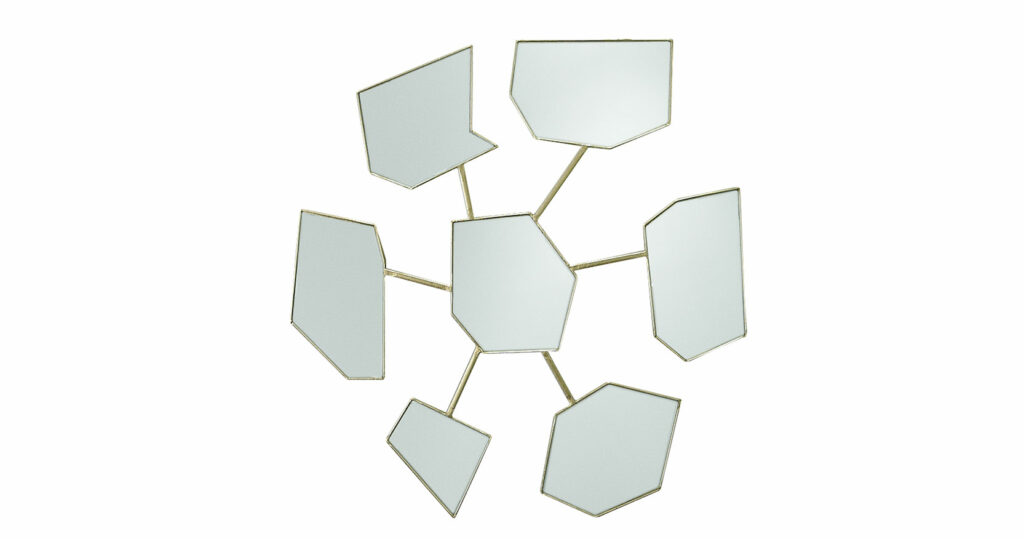 Elizabeth Garouste, minimalist mirror in silver wrought iron, with a central geometrical frame surrounded with 6 other different geometrical frames, all connected by silver wrought iron stems