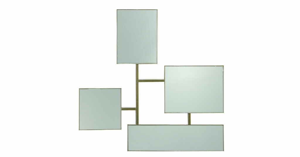 Elizabeth Garouste, minimalist silvered wrought iron mirror constisting of 4 separate mirrors with geometric frames, surrounded by silver wrought iron, all connected by silvered iron stems