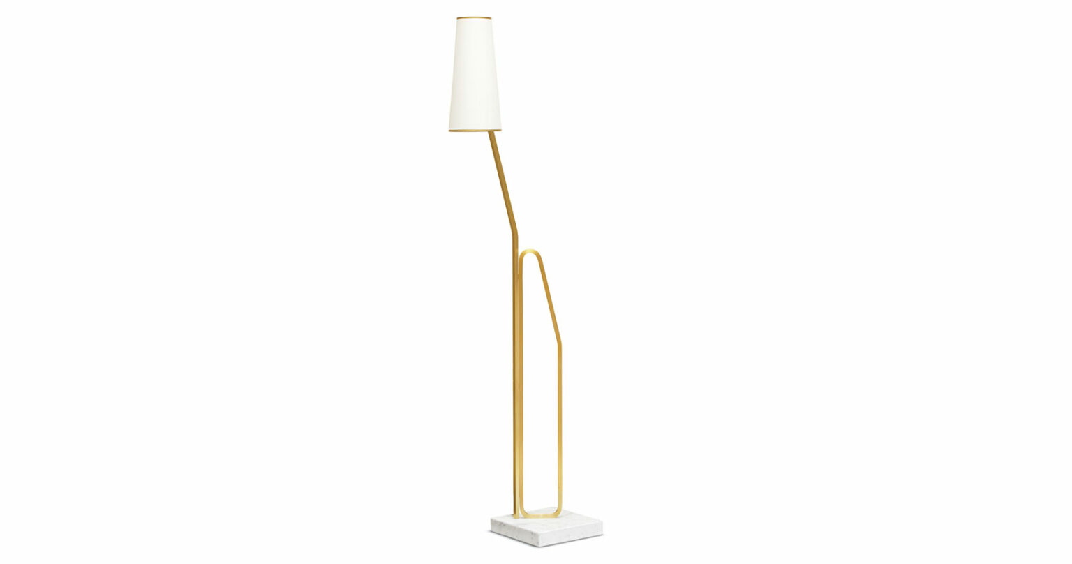 Eric Jourdan, 1950s style floor lamp, white marble base, stylized golden brass stem white hat shade with golden braid