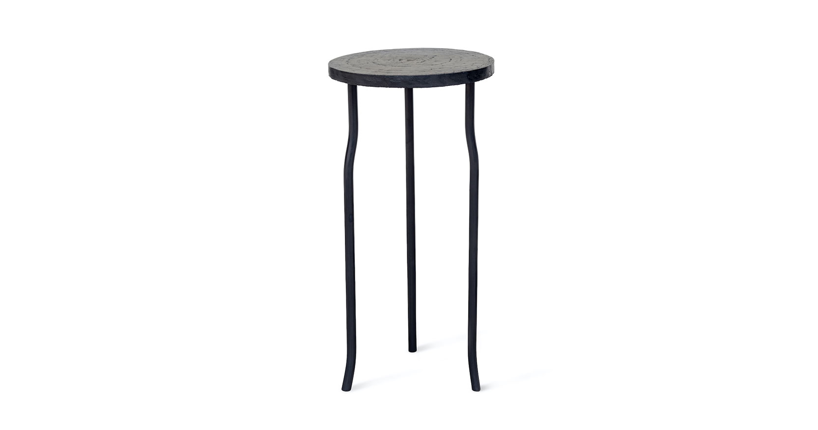 Eric Jourdan, small round minimalist table, with 3 high curved legs in black bronze and a black ceramic top