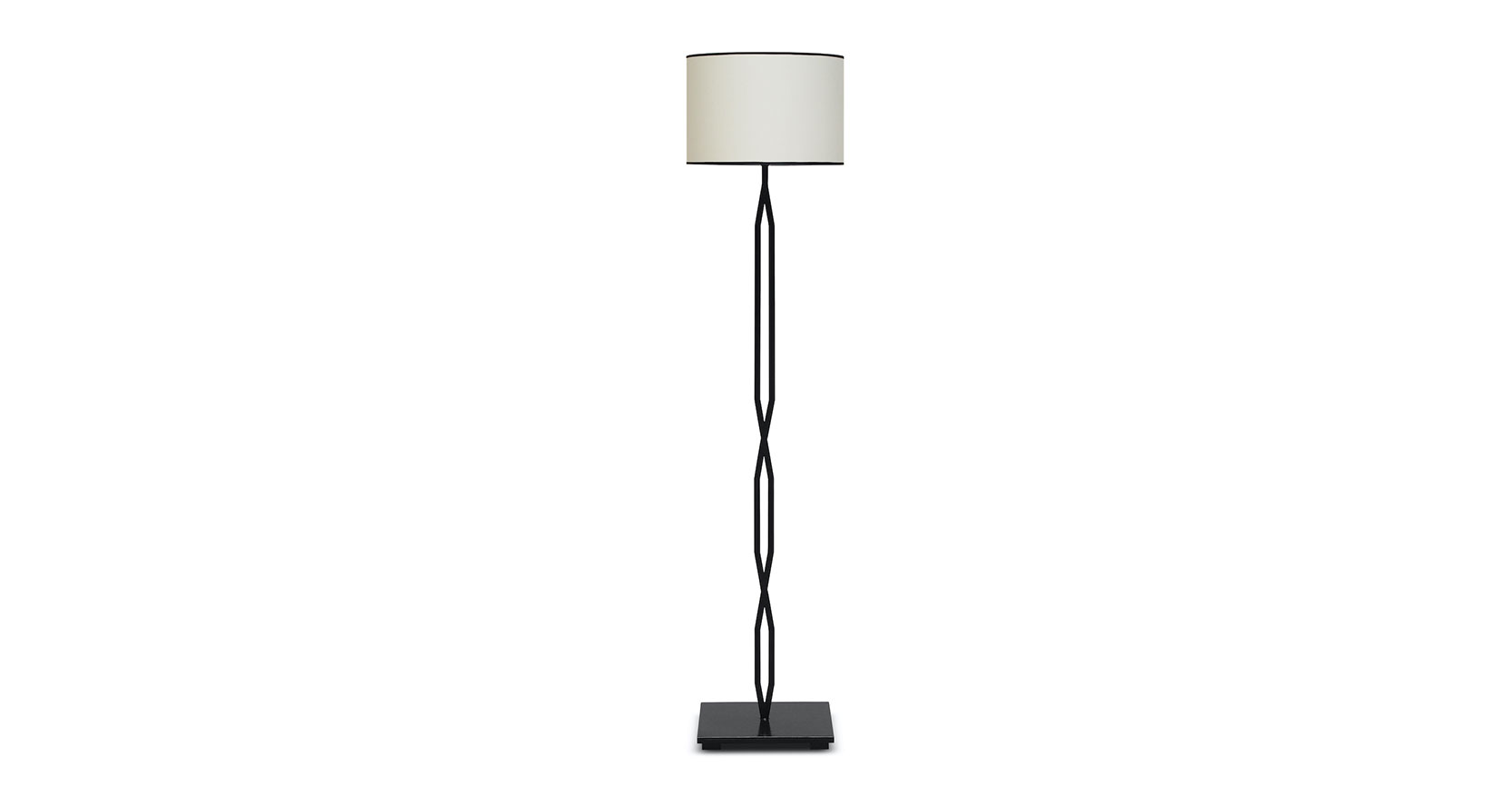 Eric Jourdan, floor lamp in black wrought iron, square base, stem made up of 3 intersecting geometric shapes, round white shade with black braid